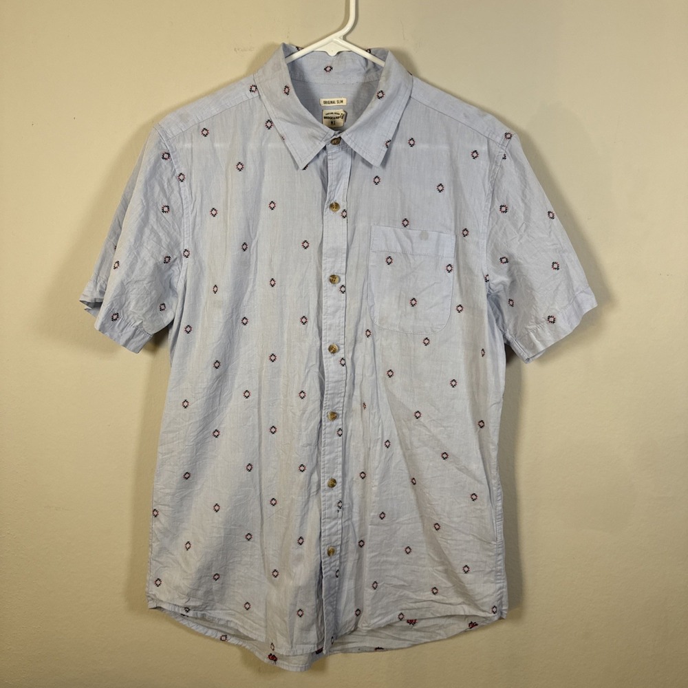 Bridge & Burn Short Sleeve Button Up Shirt Men's M Original Slim Fit Blue Aztec